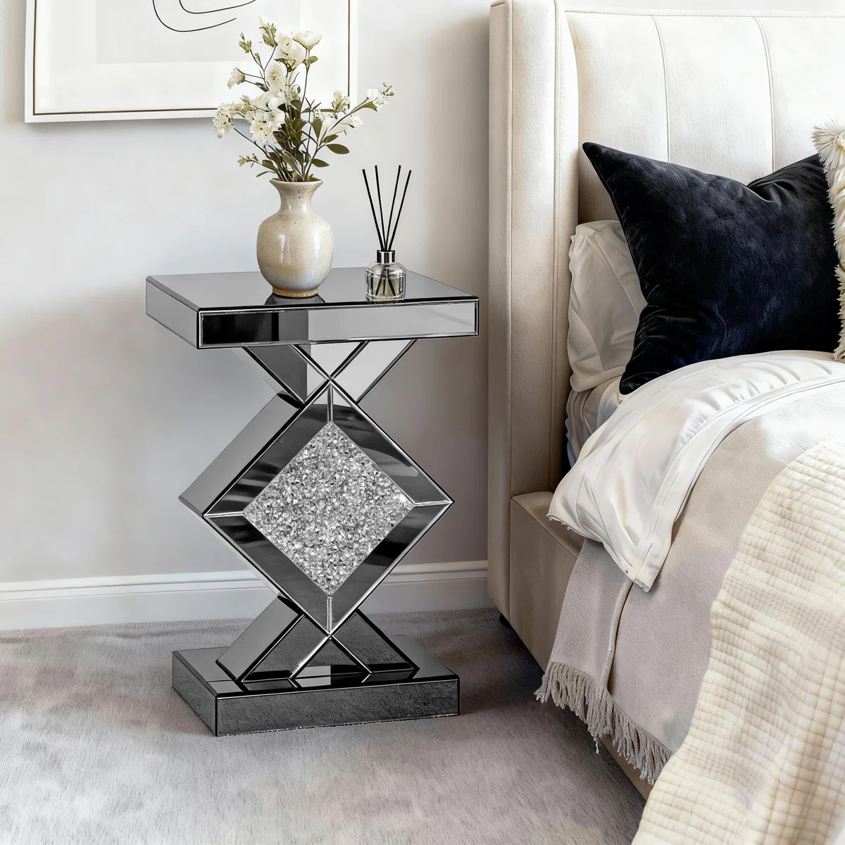 Amla 23'' Tall Pedestal Mirrored Glass Top End Table with Crystal Inlay