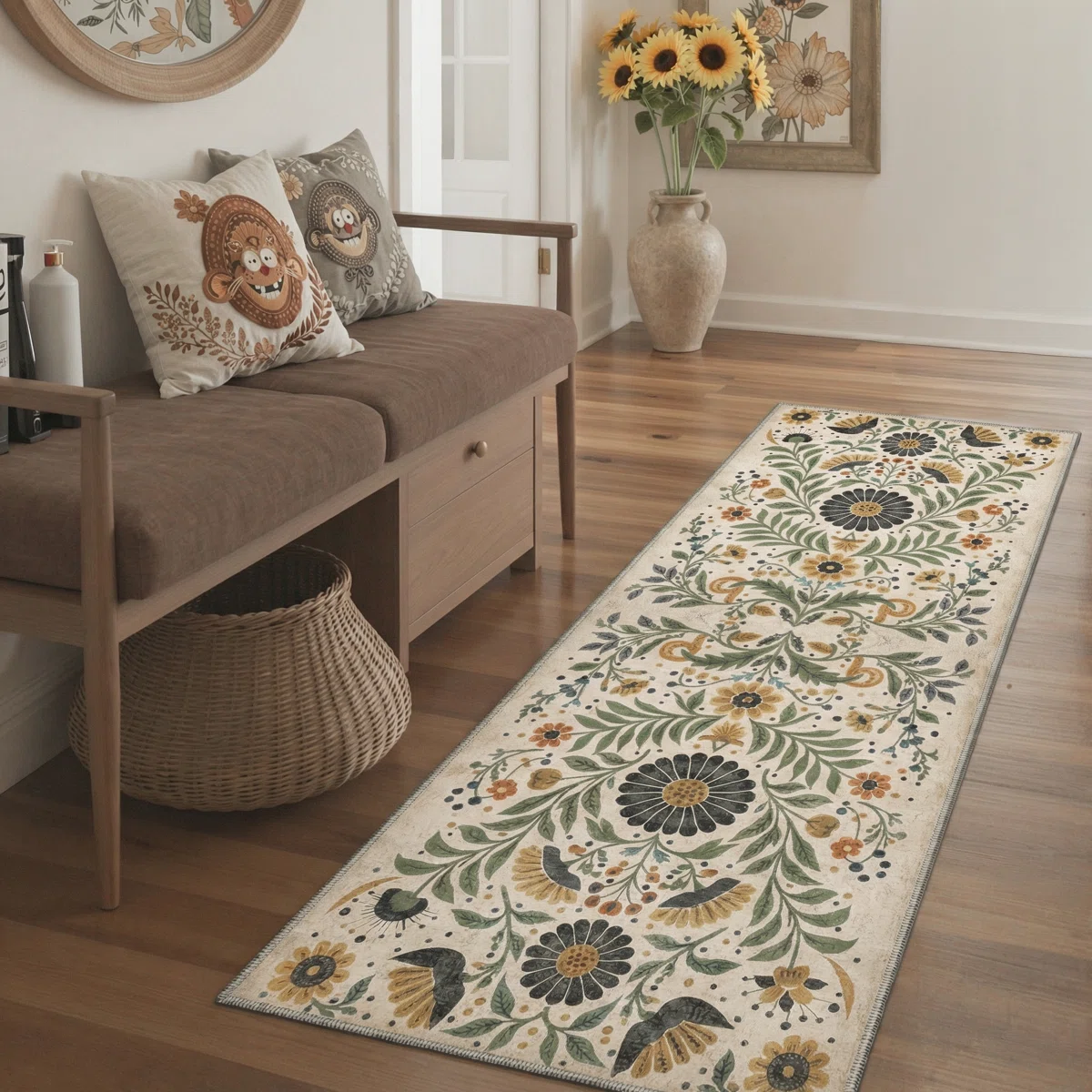 Clermont Verdant Boho Machine Washable Folk Floral / Indoor Area Rug With Non-Slip Backing