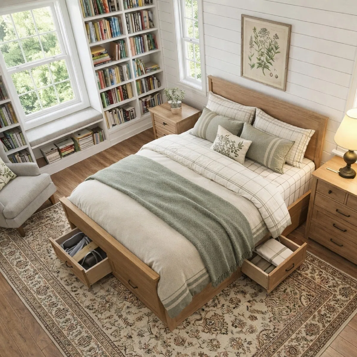 Modern Queen Size Platform Bed with 6 Storage Drawers and Wood Slat Support