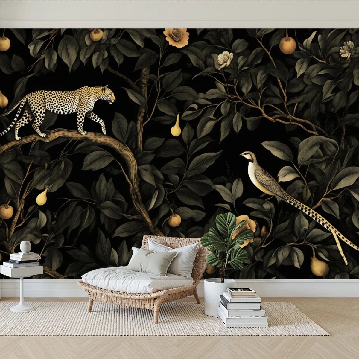 Peel and Stick Wallpaper Modern Self Adhesive Wall Mural for Bedroom Leopard Walking Branch Among Floral Tropical Elements