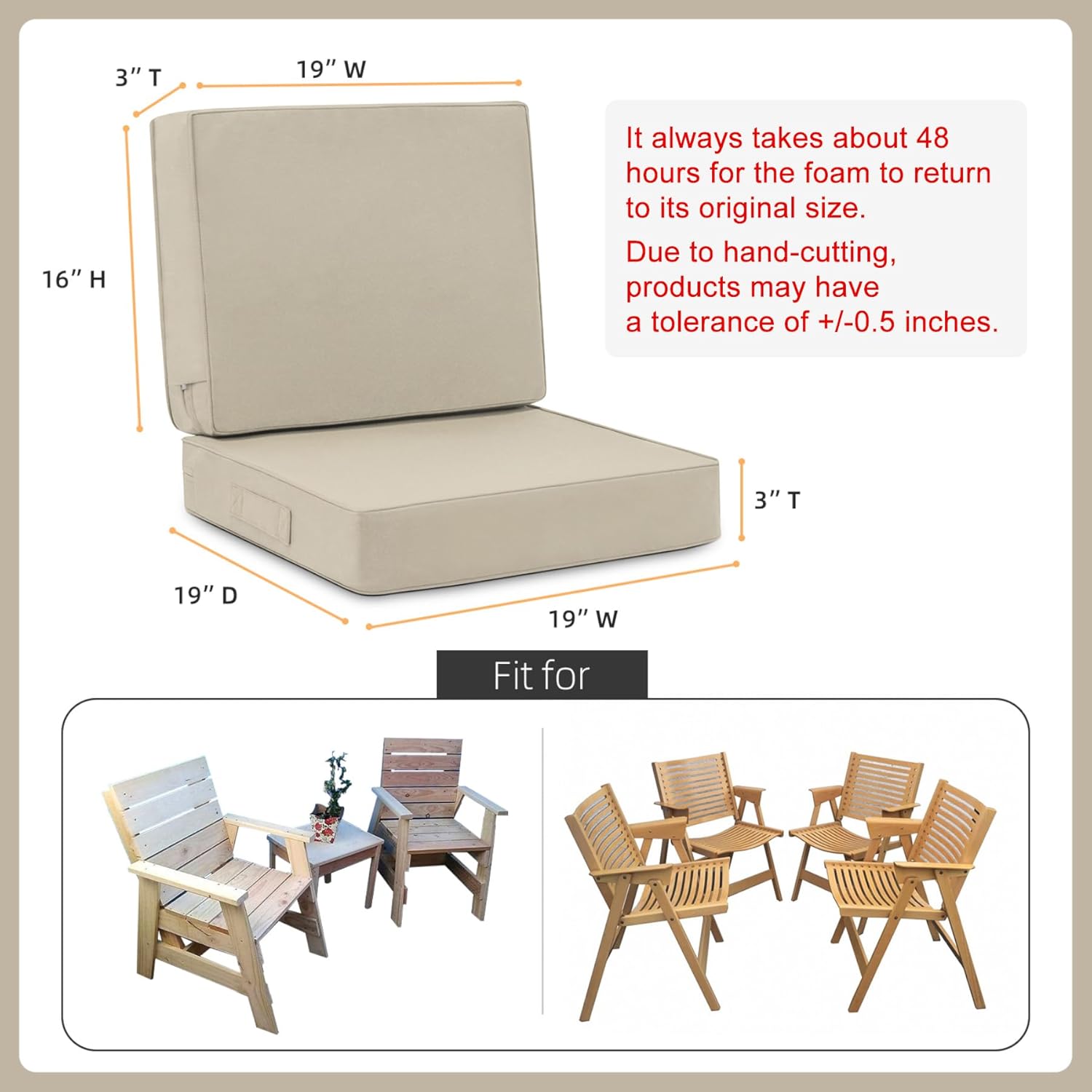 Favoyard Deep Seat Patio Cushion Set 19 x 19 Inch Waterproof Outdoor Chair Cushions for Patio Furniture with Fade Resistant and Removable Cover with Handle & Adjustable Straps for Patio, Yard, Garden Beige Seat 19x19 In + Back 19x16 In