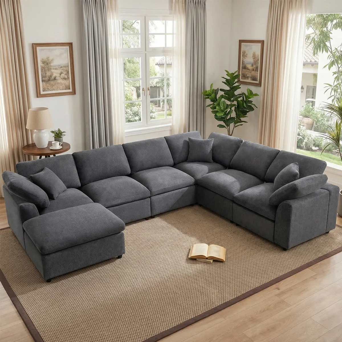 7 Pieces Chenille Sectional Corner Sofa 125" Modular Reversible Deep Seat Cloud Couch With Ottoman Chaise Set & Pillows