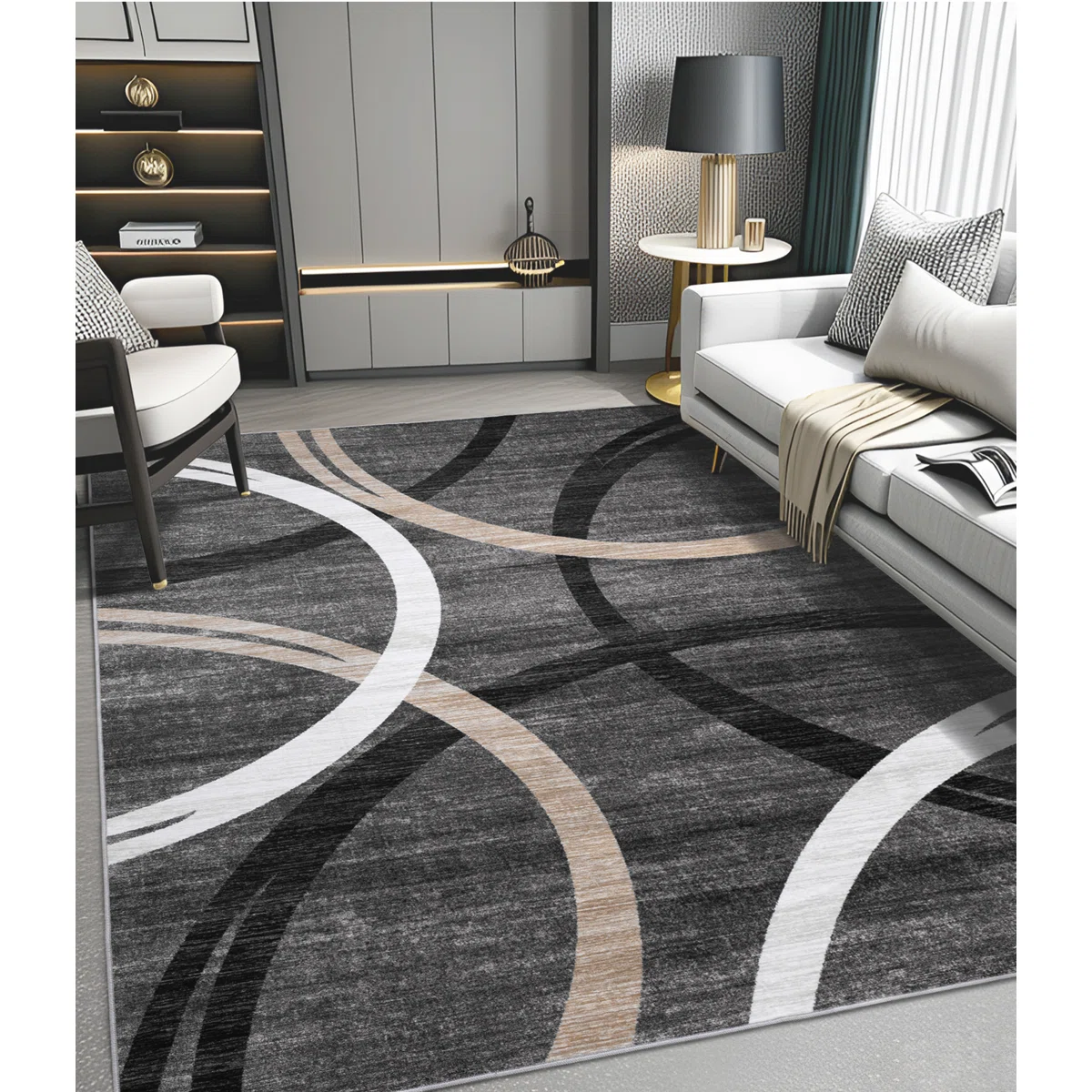 Modern Wave Curve Machine Washable Area Rug in Black