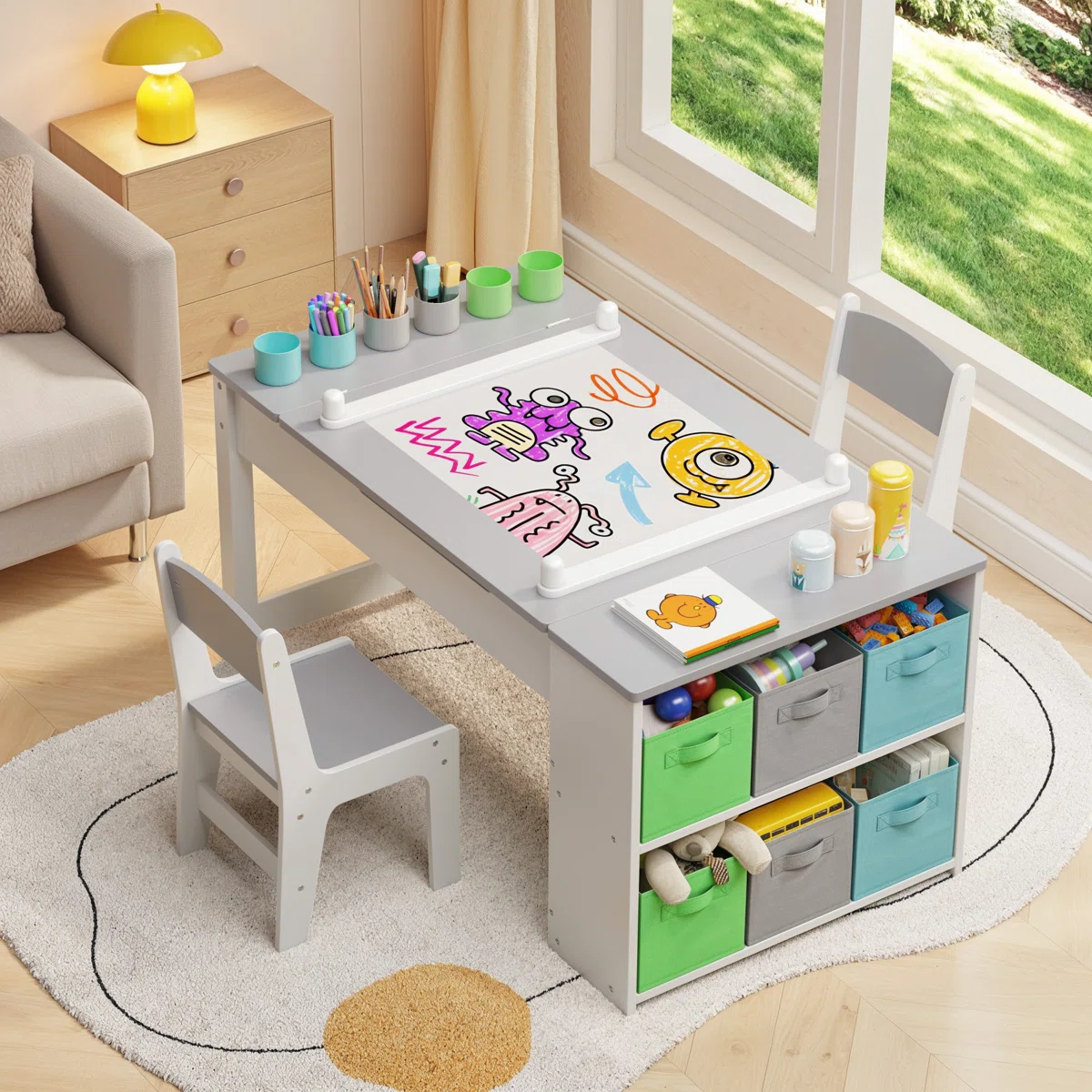 Kids Art Table And Chair Set, Convertible Art Easel & Wooden Activity/Craft Table With 2 Chairs, Storage Bins & Organizer Shelves For Toddlers’ Drawing, Playing & Learning