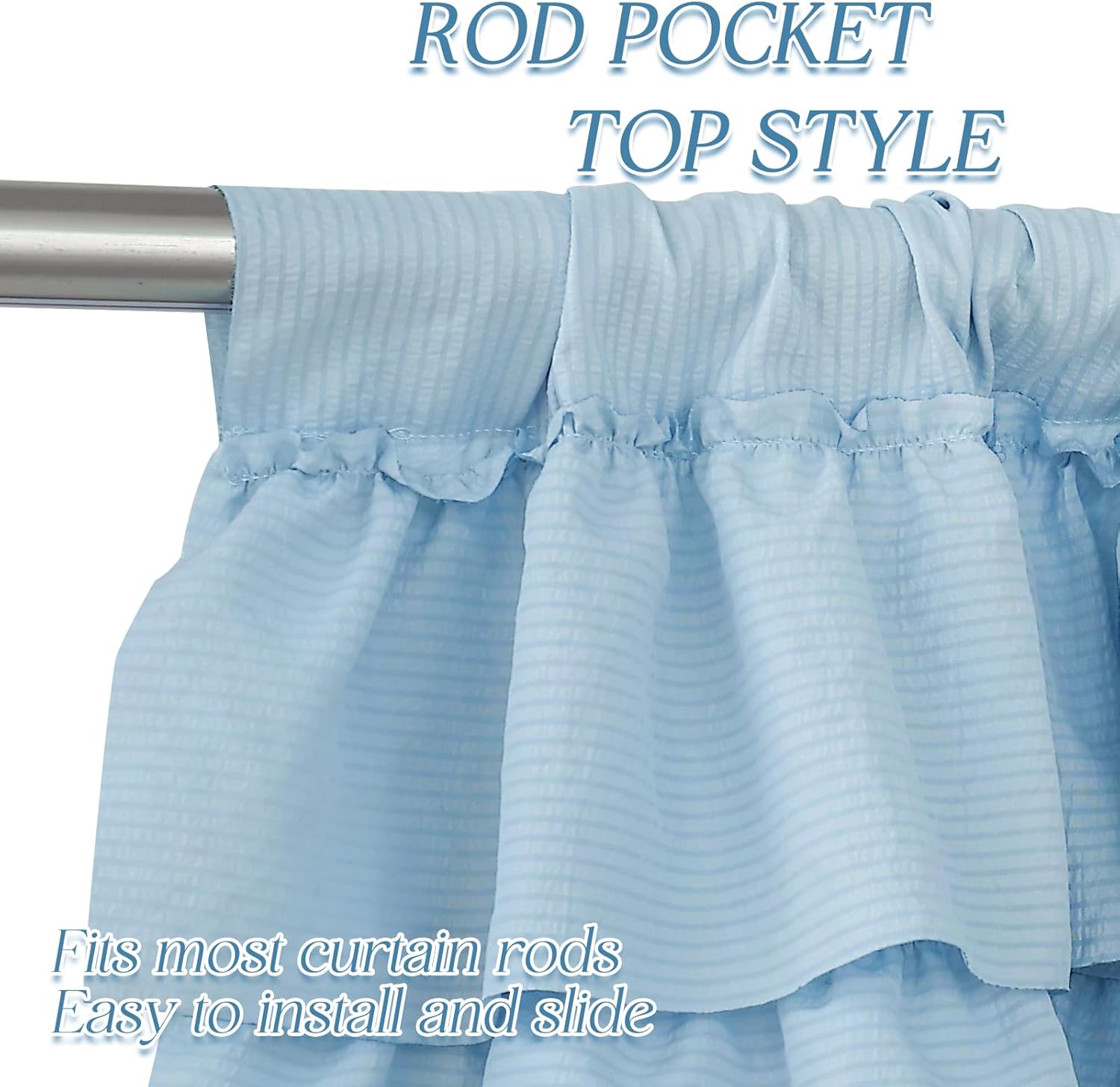 Blue Ruffled Valance with Rod Pocket, Light Striped Window Treatment Valance Curtains for Kitchen Living Room, 60 W x 18 L, 4 Panels 60W x 18L (Pack of 4) Blue