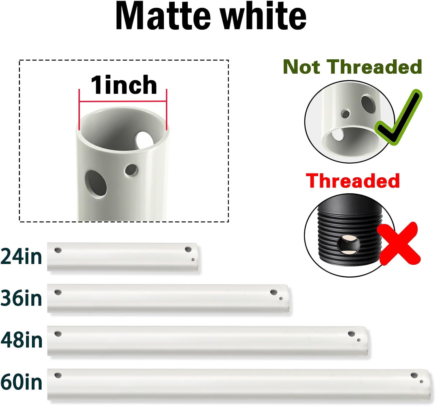 Ruiyang 48 inch Ceiling Fan Downrod with Extension Cord,4 FT Downrod for Ceiling Fan,1 inch Outside Diameter,Ceiling Boom Suitable for a Wide Range of Fans (White,Not Threaded) 48in White