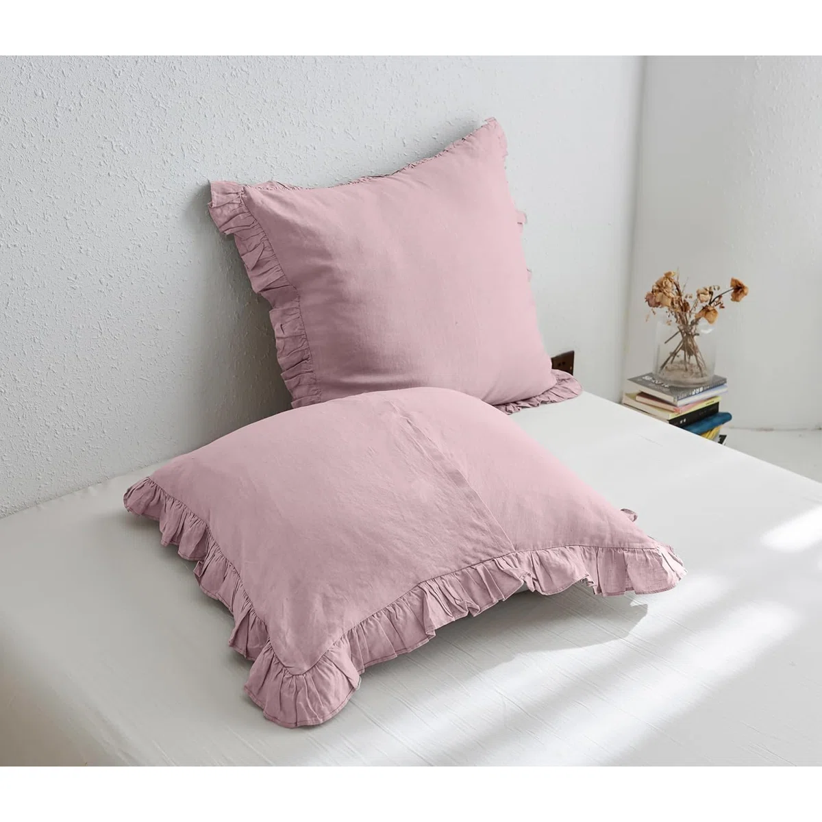 100% Linen Euro Sham Covers With Ruffle, 2Pcs Pillow Covers 26X26 Inches