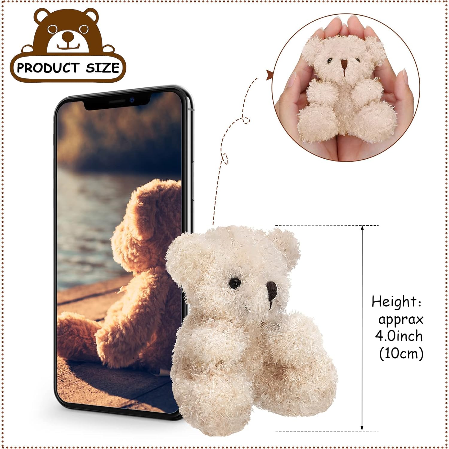 Sotiff 12 Pcs Mini Plush Bear Bulk 4 Inch Stuffed Bears Soft Tiny Animal Doll DIY Keychains Gifts for Volunteer Graduation Baby Shower Party Favors(Brown, Apricot)