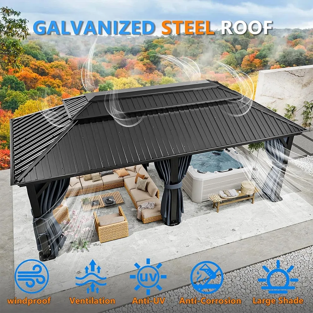COBIZI 20 Ft. W X 12 Ft. D Hardtop Gazebo Aluminum Metal Gazebos Galvanized Steel Double Roof Permanent Hardtop Gazebo with Netting and Curtains (Upgraded)