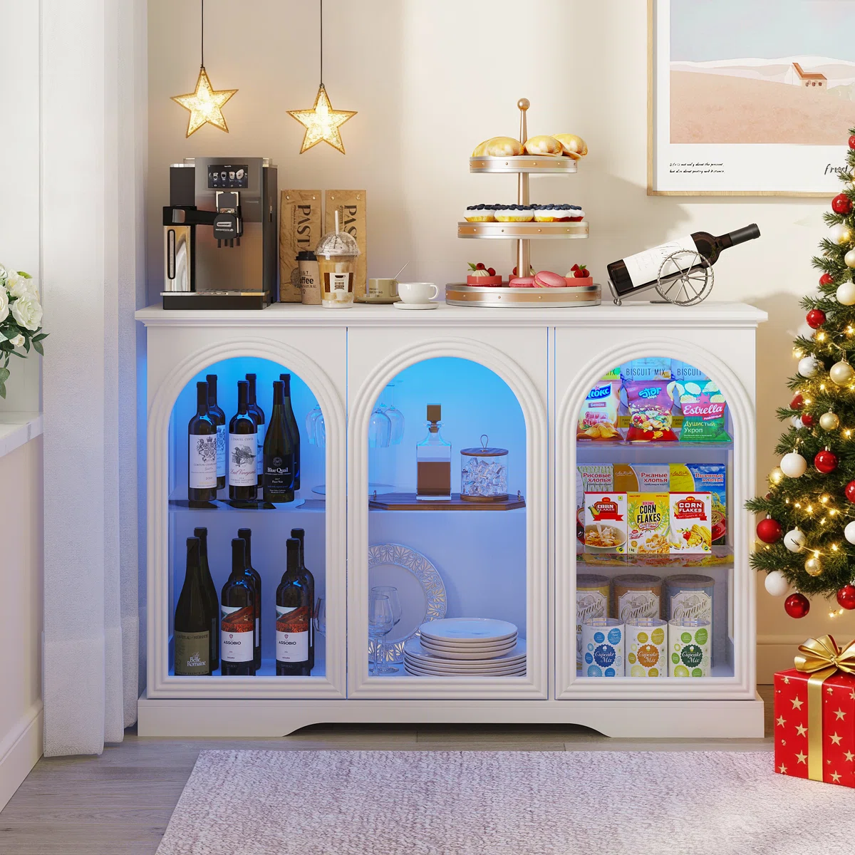 47.2"W Sideboard Buffet Cabinet with 3 Glass Doors, Adjustable Shelves, LED and Human Body Sensors