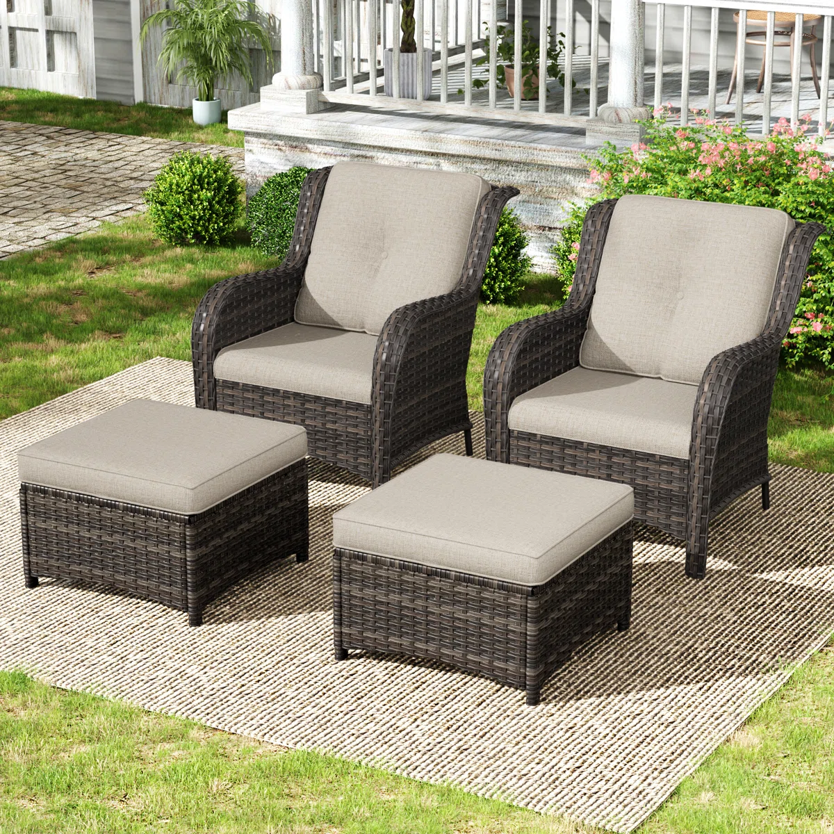 2-Person Polyethylene (PE) Wicker Outdoor Conversation Sets with 2 Chairs And Ottomans