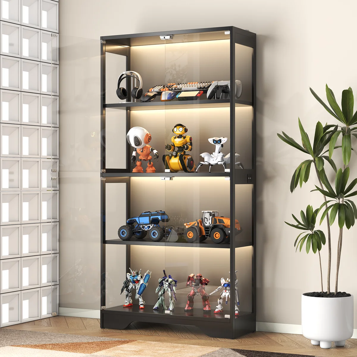 Display Cabinet With Glass Doors, Led Curio Cabinet With Rgb Human Body Sensor Light, 4-tier Figure Display Case For Collectibles, Tall Bookcase With 4 Shelves, Storage Cabinets, Showcase