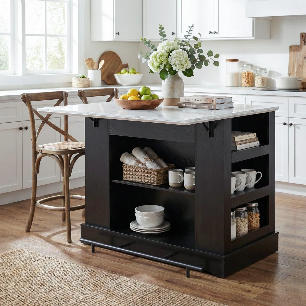 Large Kitchen Island With Storage & Power Outlet, Drawer, Adjustable Shelves, Side Open Compartments, And Drop Leaf,island Table For Kitchen With Footrest,black