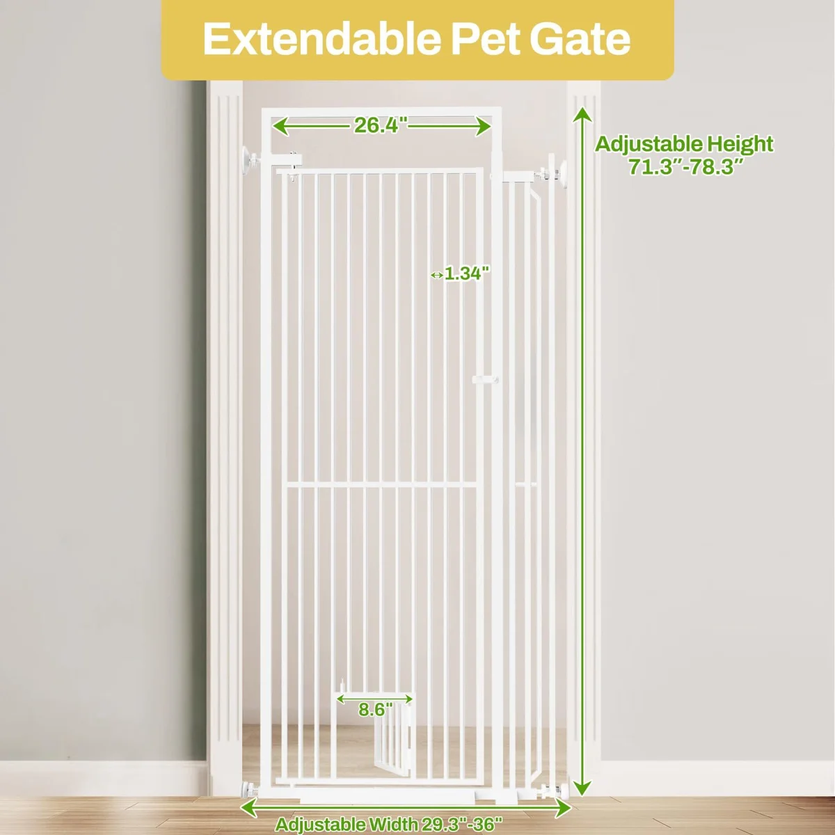 78.3" Extra Tall Pet Gate for Cat Dog, 29.3" -32" Wide Baby Gate with Cat Door, NO Drilling Pressure Mounted for Doorways, Stairs, Hallways, Black