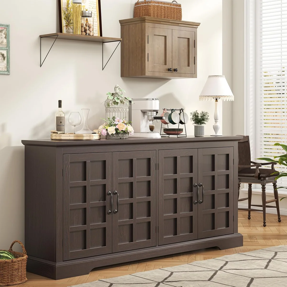70" Wood Buffet Cabinet, Farmhouse Buffet Sideboard Cabinet with 4 Doors and Adjustable Shelves, Coffee Bar Storage Cabinet for Kitchen, Living Room