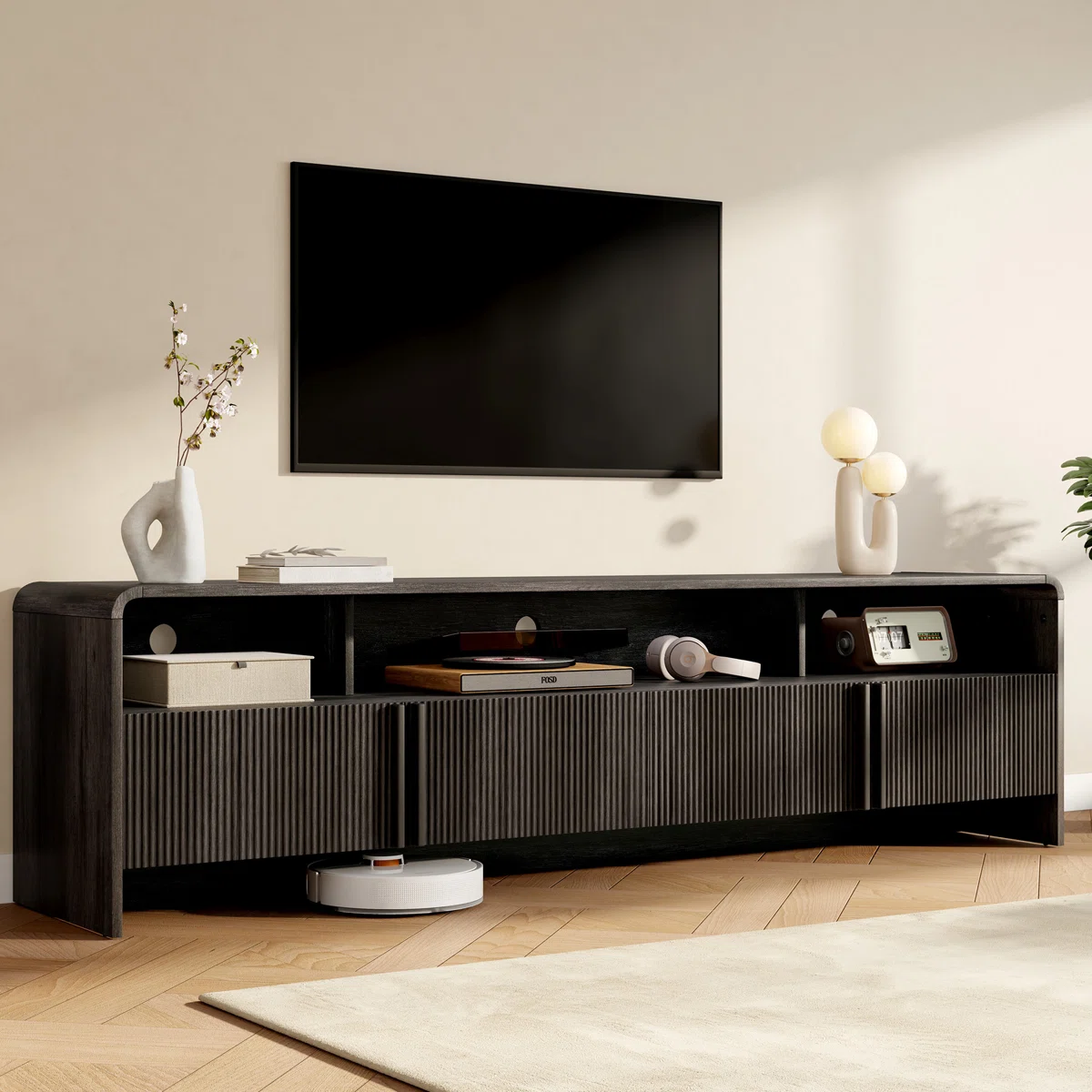 Dulane Modern Farmhouse 70" Tv Stand For Tvs Up To 75" With  2 Doors And Open Storage, Black