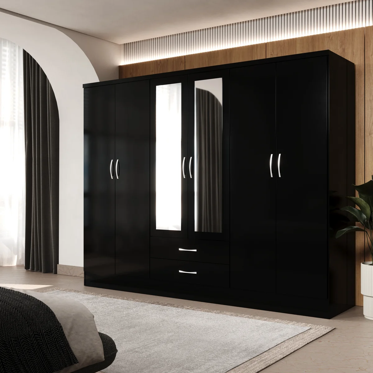 Gaytes Armoire 72.12'' H 90.7'' W with 6 Doors Wardrobe High Gloss Finish 2 Mirrors 2 Storage Drawers
