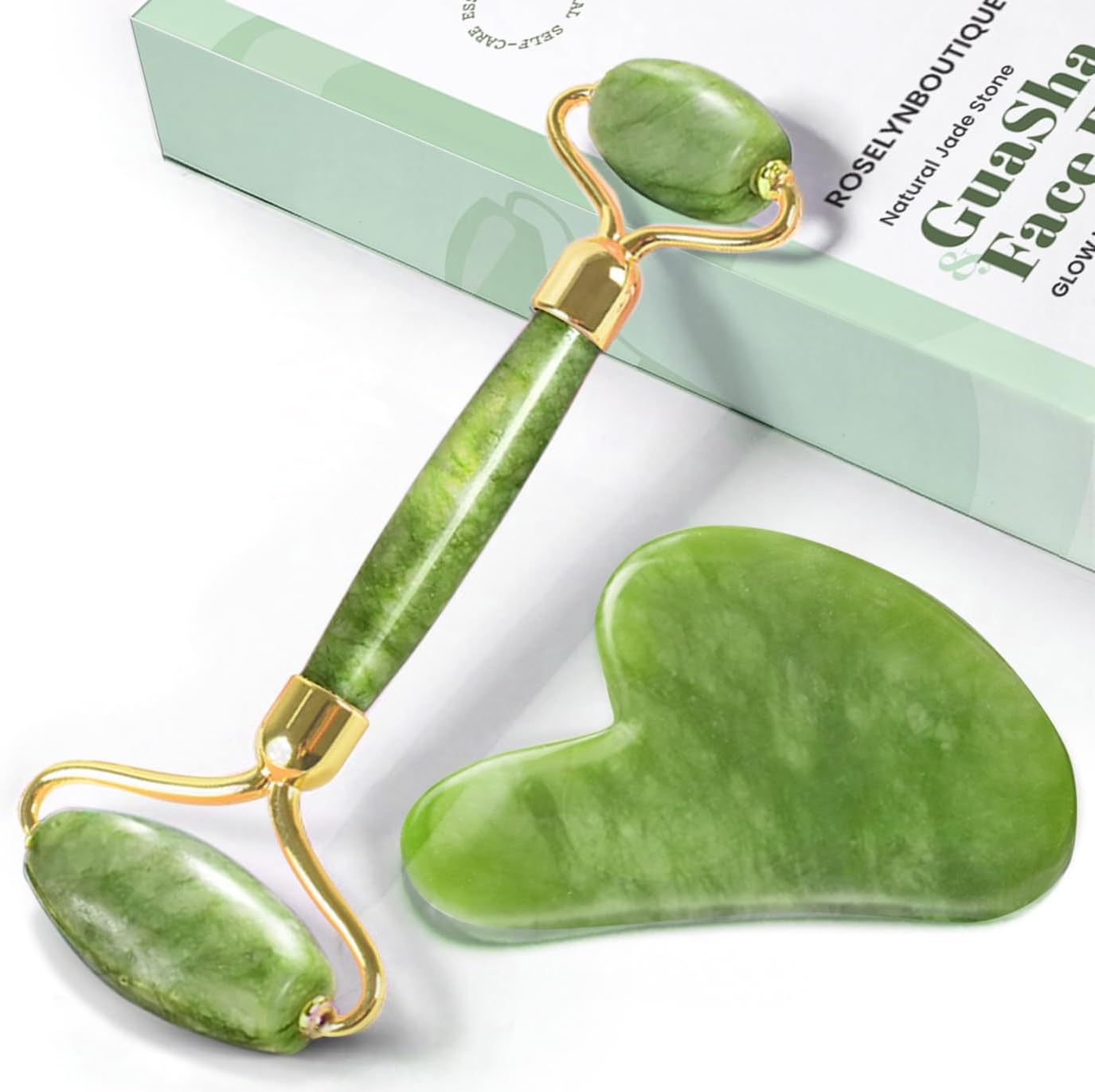 RoselynBoutique Natural Jade Stone Gua Sha & Face Roller Set
