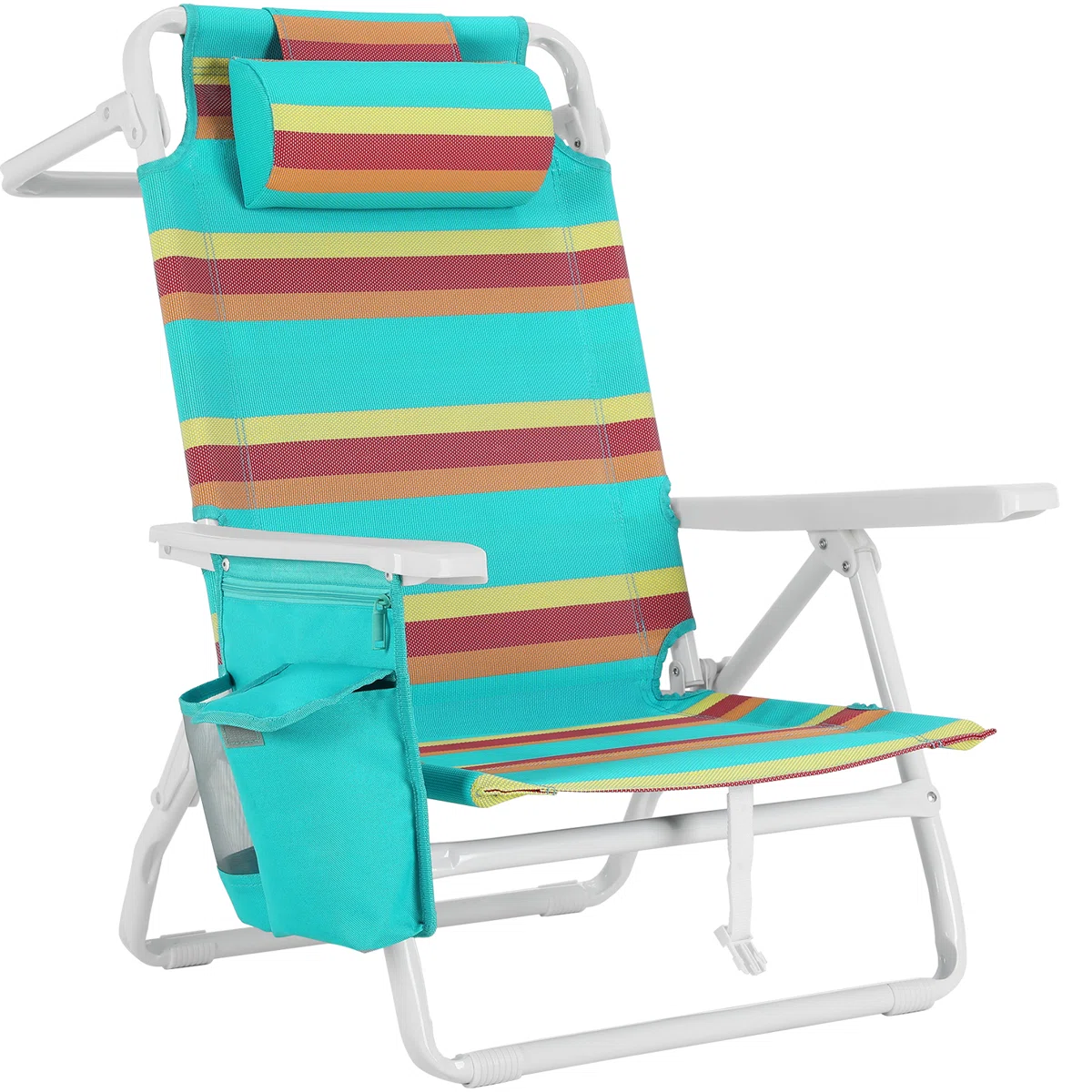 Wide Low Backpack Beach Chair With 5 Position Lay Flat & Metal Handle, PVC-coated polyester Folding Beach Chair For Adults With Cooler Pouch, Storage Bag, Towel Bar, Foot Mat, For Camping, 350lbs
