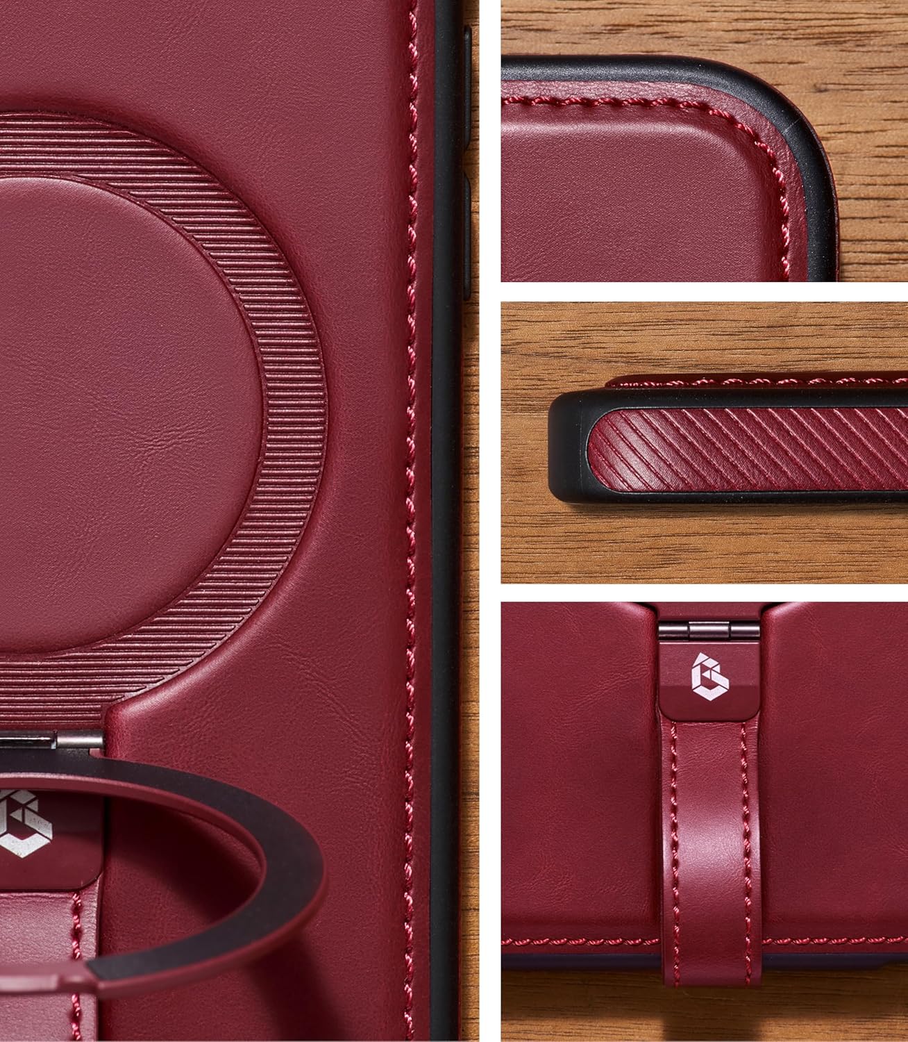 for iPhone 17 Pro Leather Case with Stand, Anti-Slip Grip Ring, Fits for MagSafe (Burgundy, IP17 Pro-6.3inch) IP17 Pro-6.3inch Burgundy
