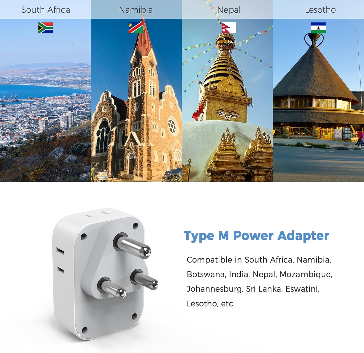 TESSAN South Africa Power Adapter, Type M Plug Adaptor with 4 American Outlets 3 USB Charger (1 USB C Port) for US to Bhutan Botswana Namibia Nepal Type M-grey&white