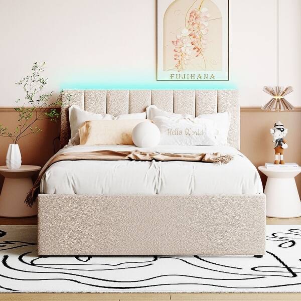 ( I complete) Upholstered Platform Bed with Trundle and LED Lights