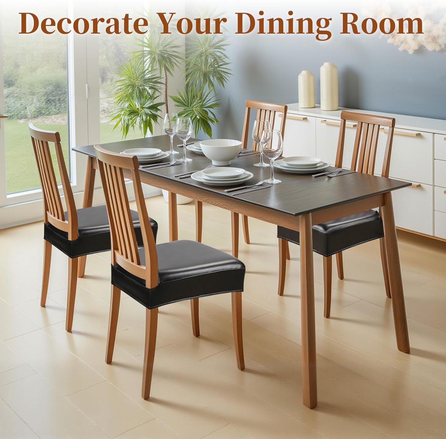 Waterproof Dining Chair Seat Covers Leather Kitchen Seat Covers, Stain Resistant Stretch Chair Seat Covers for Dining Room Chairs Set of 4, Rear Covered Washable Dining Chair Covers Black Black 4pcs