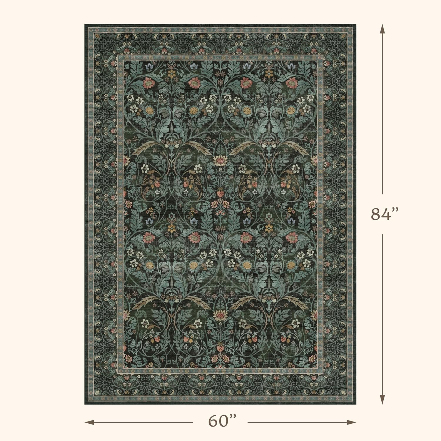 Dark Green Area Rug for Living Room, Floral Washable Rugs 5x7 for Bedroom, Dining Room, Classroom, Moody Home Office Décor, Low Pile Non Slip Mat Indoor, Forest Botanical Pattern Carpet 5' x 7' (Rectangular) Dark Green