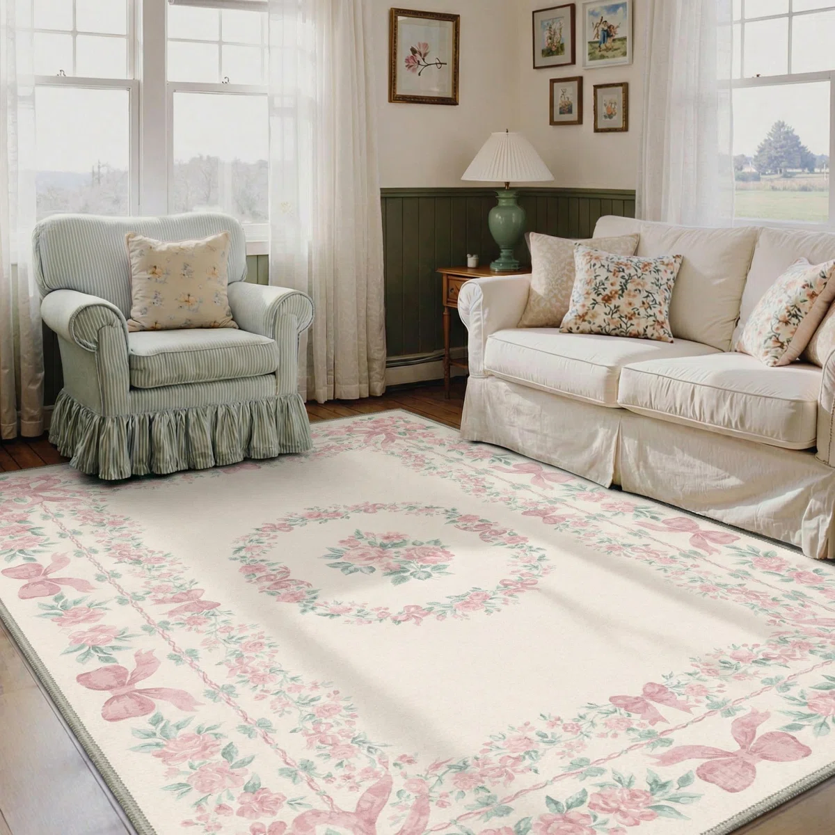Atascadero Romantic Vintage Floral & Bow Border Area Rug, Machine Washable, Inspired Faux Wool - High-Rebound Foam & Non-Slip Backing