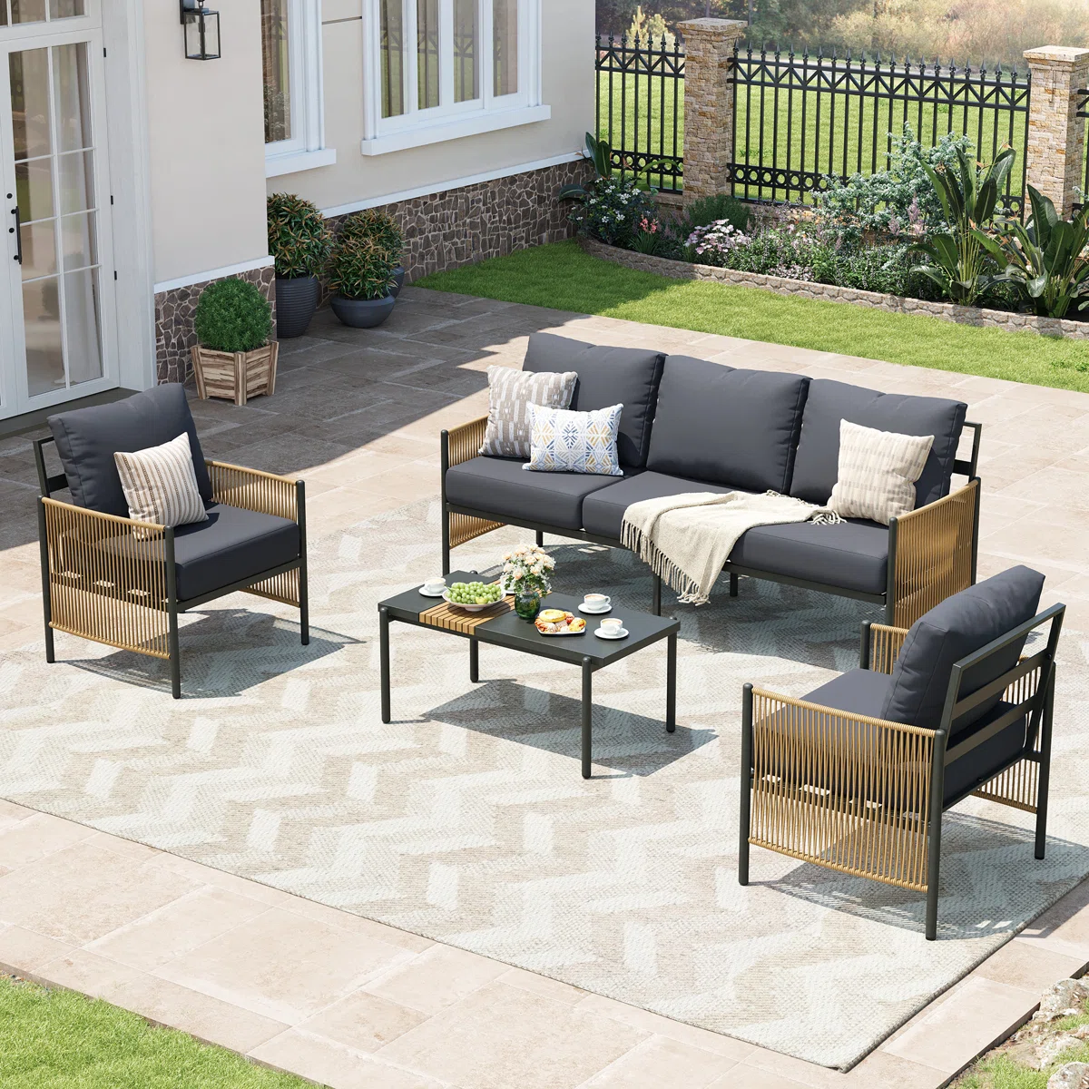(Box B) Incomplete Outdoor Patio Furniture Set, Piece Patio Conversation Sets with Coffee Table, HDPE Rope & Aluminum Armrests, All Weather Patio Set with Thick Cushions (Box B)