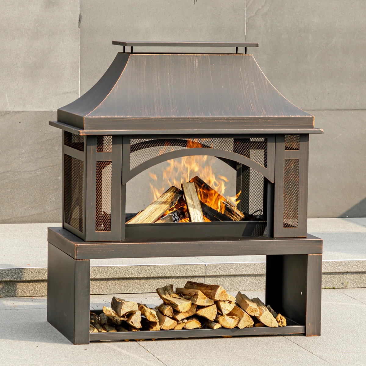 Outdoor Wood Burning Fire Pit Fireplace with Log Rack
