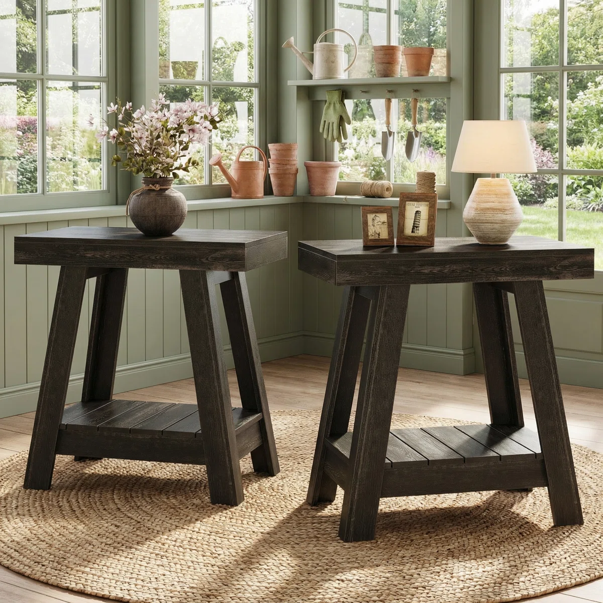 23.6" Farmhouse Wooden End Table Set, Side Table Nightstand with Storage Shelf for Living Room & Bedroom (Set of 2)