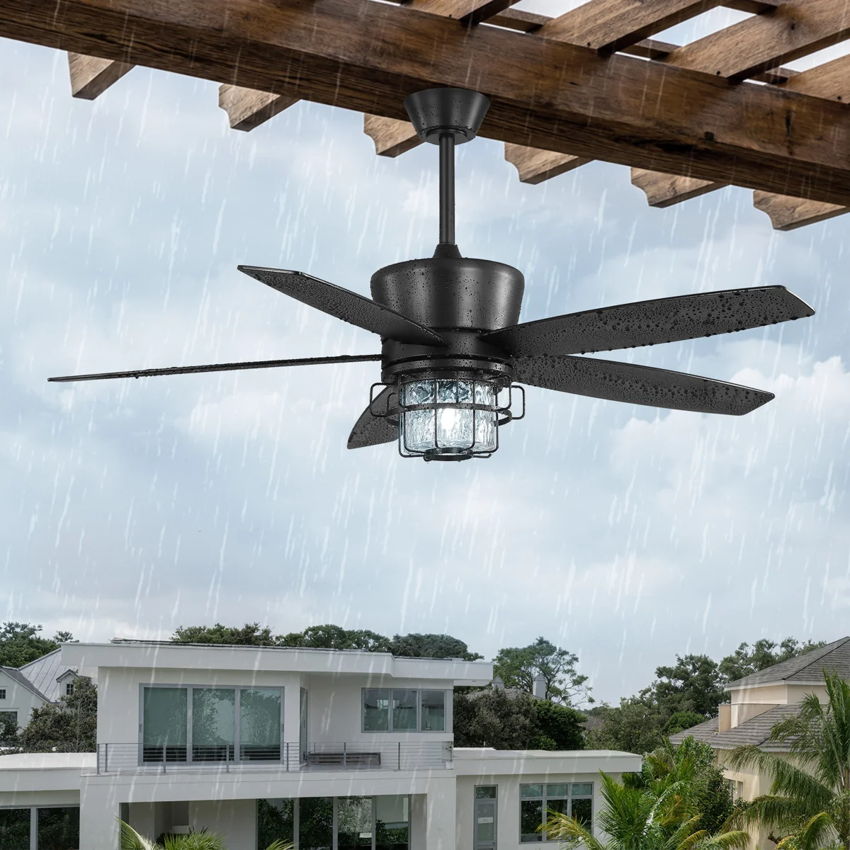Aaron 52" Black Waterproof Ceiling Fan With Led Light For Indoor & Outdoor Spaces
