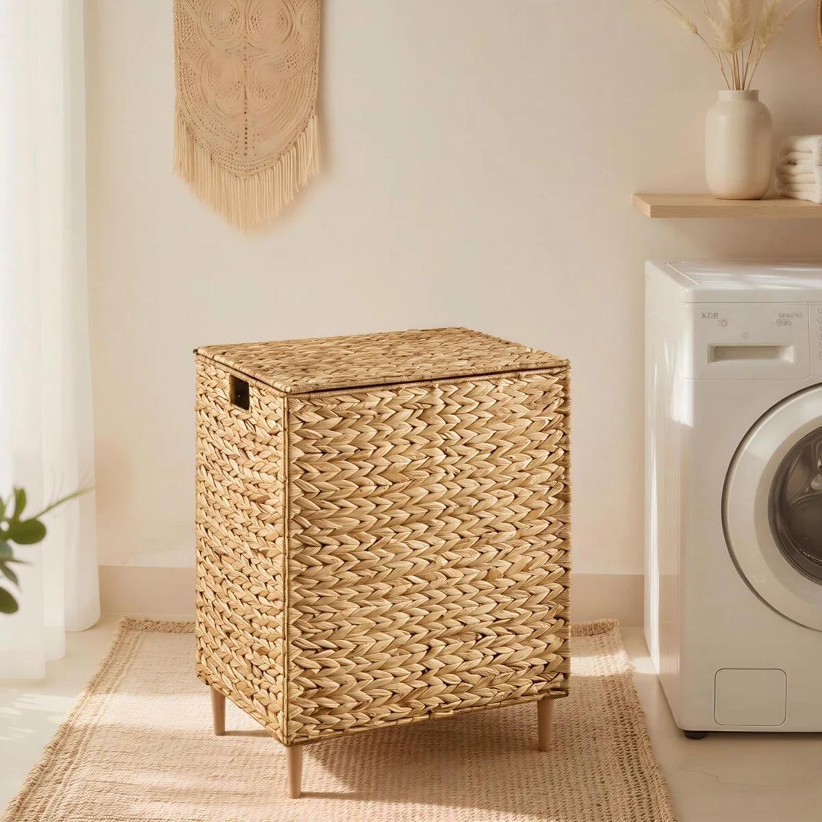 Laundry Hamper 2 Sections, 34.3 Gal. (130 L) Handwoven Water Hyacinth Wicker Laundry Basket With Lid, Natural Material, Removable Machine Washable Liners, Handles