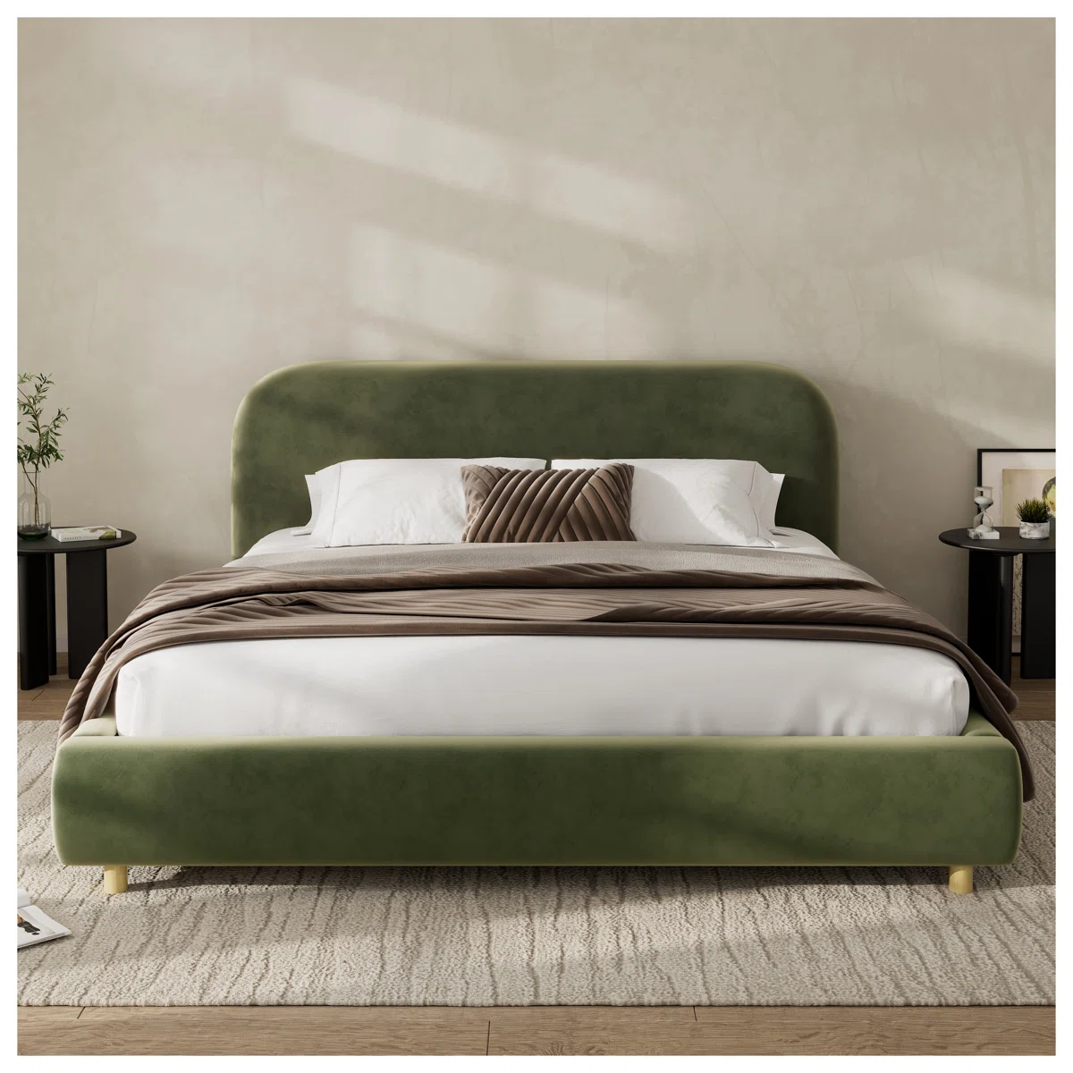 King Size Platform Bed, Velvet Upholstered Bed Frame with Curve-Shaped Design Headboard, Olive Green - No Box Spring Needed