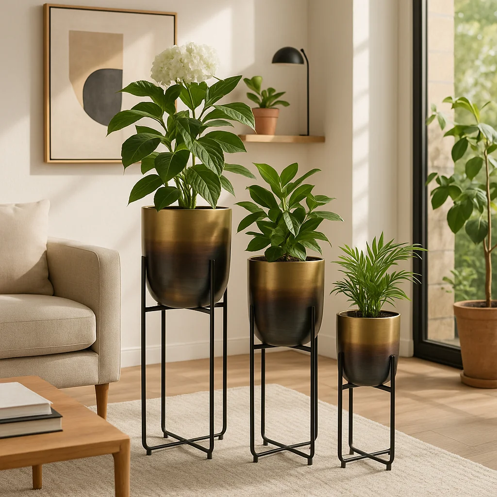 Metal Iron Planter Set With Textured Hammered Design And Modern Geometric Stands, Decorative Accent For Indoor Or Outdoor Display, Set Of 3