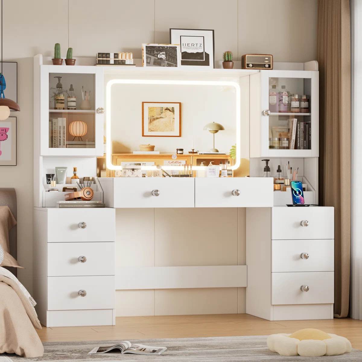 (BROKEN MIRROR, DAMAGED BOARDS) Pakasept 55.1 Large Vanity Desk With Mirror And Lights, Makeup Vanity With Power Outlet And 8 Drawers