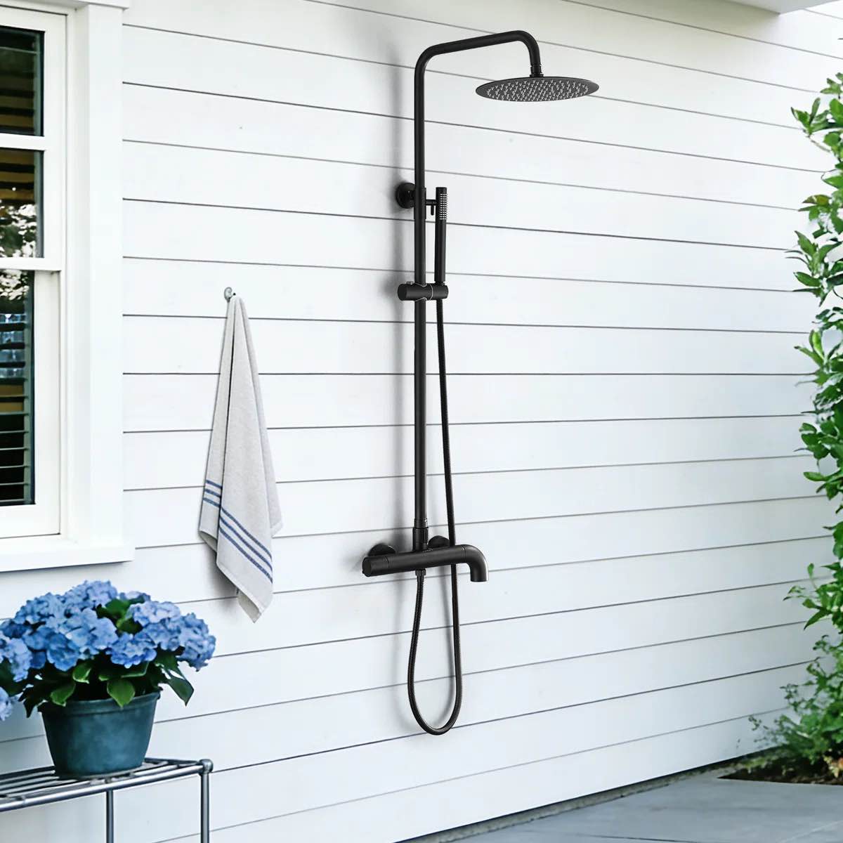 43H Height Adjustable Solid Brass 3-Functions Wall Mounted Outdoor Showers Exposed Complete Shower System