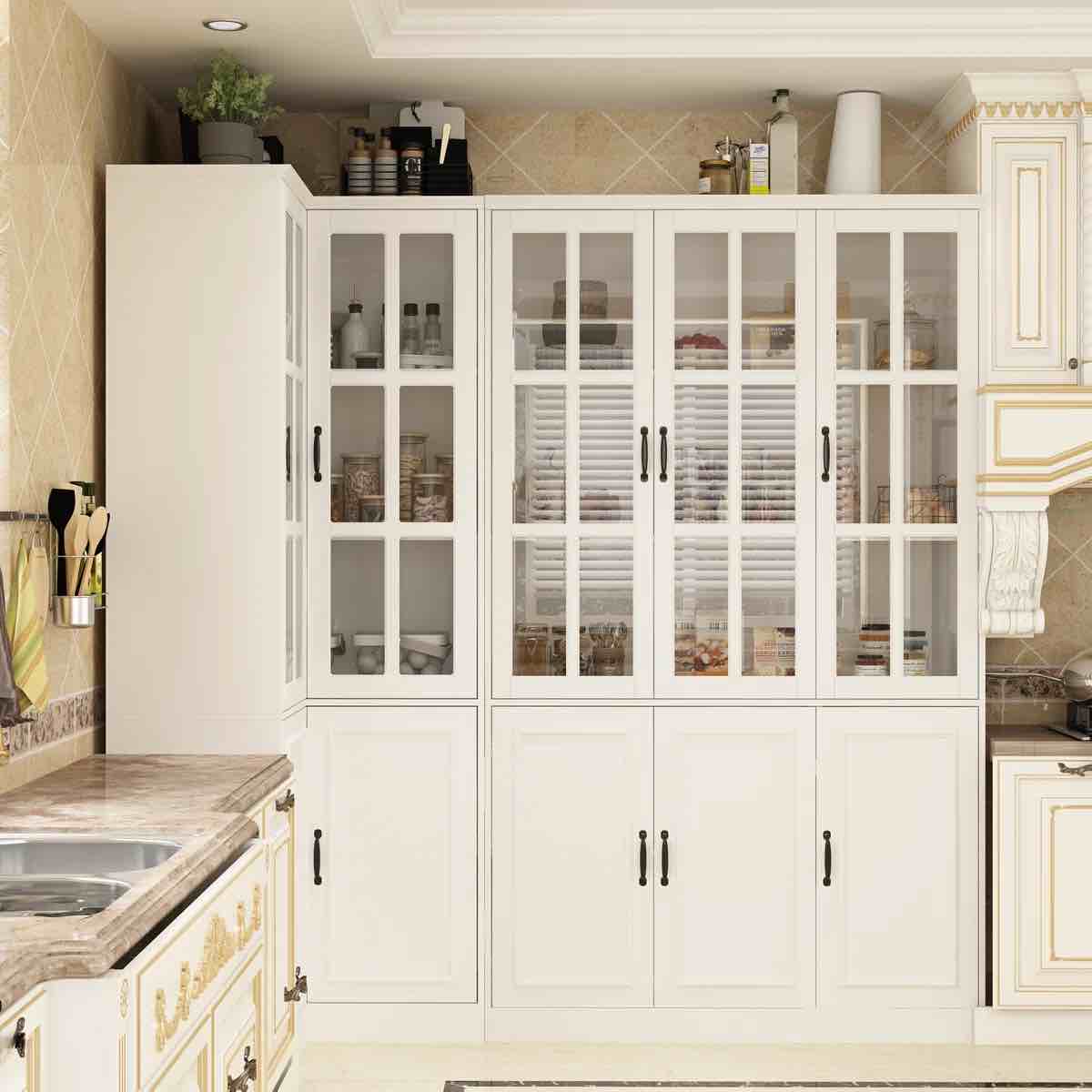 (INCOMPLETE) Corner Cabinet With Charging Station, Kitchen Pantry Cabinet With 2 Tier Lazy Susan Turntable, Farmhouse Corner Storage Cabinet With Adjustable Shelf, L-Shaped Food Pantry Buffet Sideboard (White)