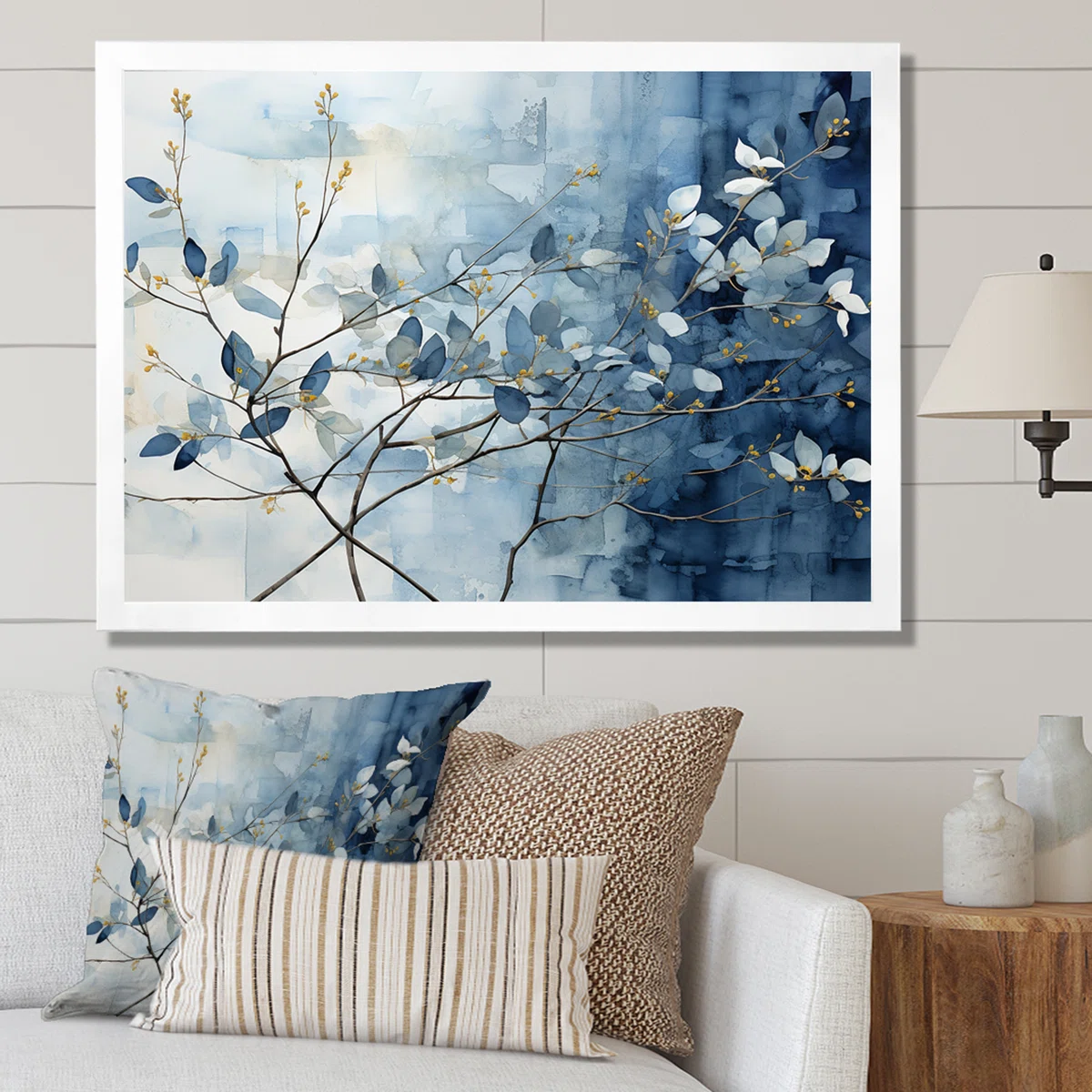 Blue And Grey Leave On Branch I - Leaves Wall Art