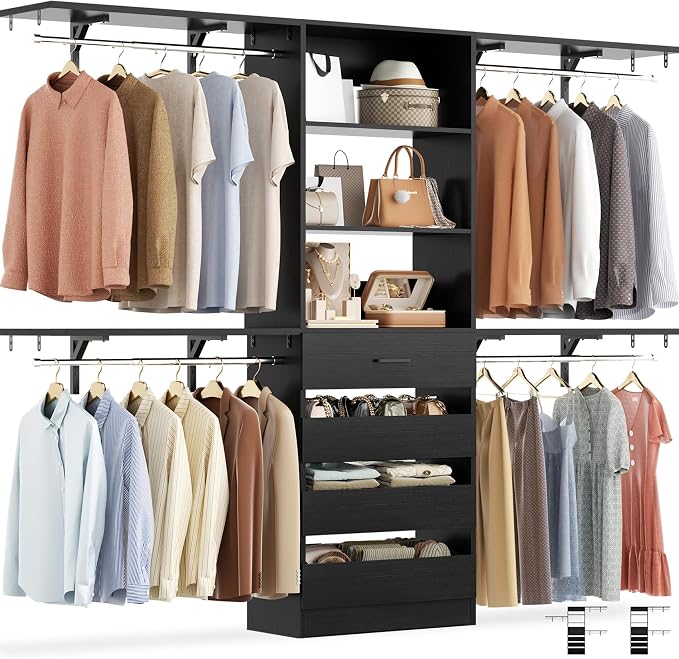 Aheaplus Closet System With 4 Drawers, 8FT Wood Closet Organizer System