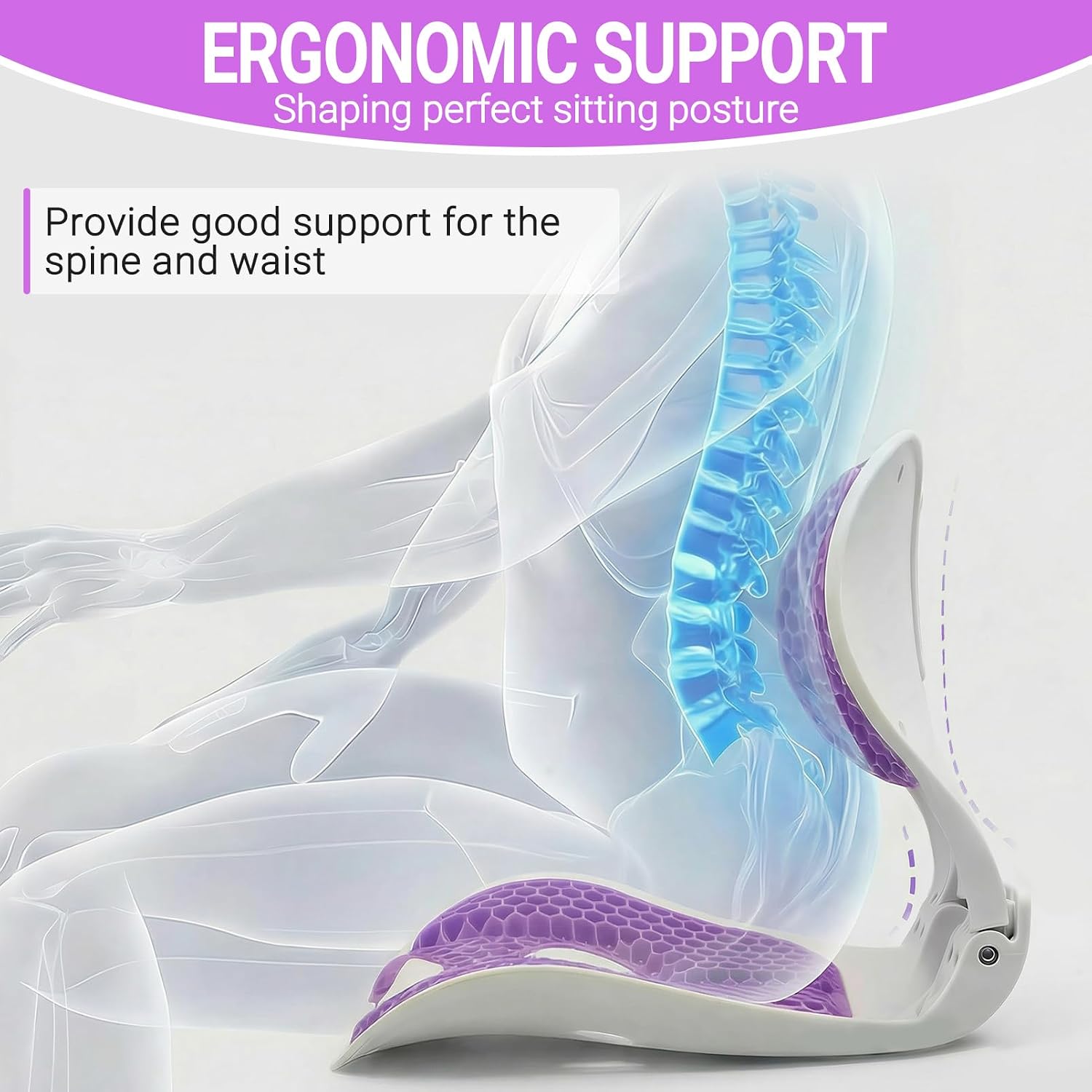 Ergonomic Gel Back Support for Office Chair - Folding Lumbar Support Posture Corrector,Portable Chair Back Rest Support for Floor Seat, Perfect for Home, Work, Vehicle,Purple
