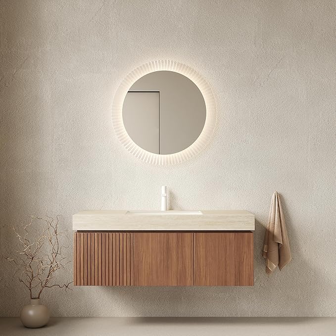 48" Bathroom Vanity With Sink, Wall-mounted Floating Curved Edges Striped Bathroom Storage Cabinet With 2 Drawers, White Round Ceramic Basin, No Faucet, Pre-assembled, Black Color