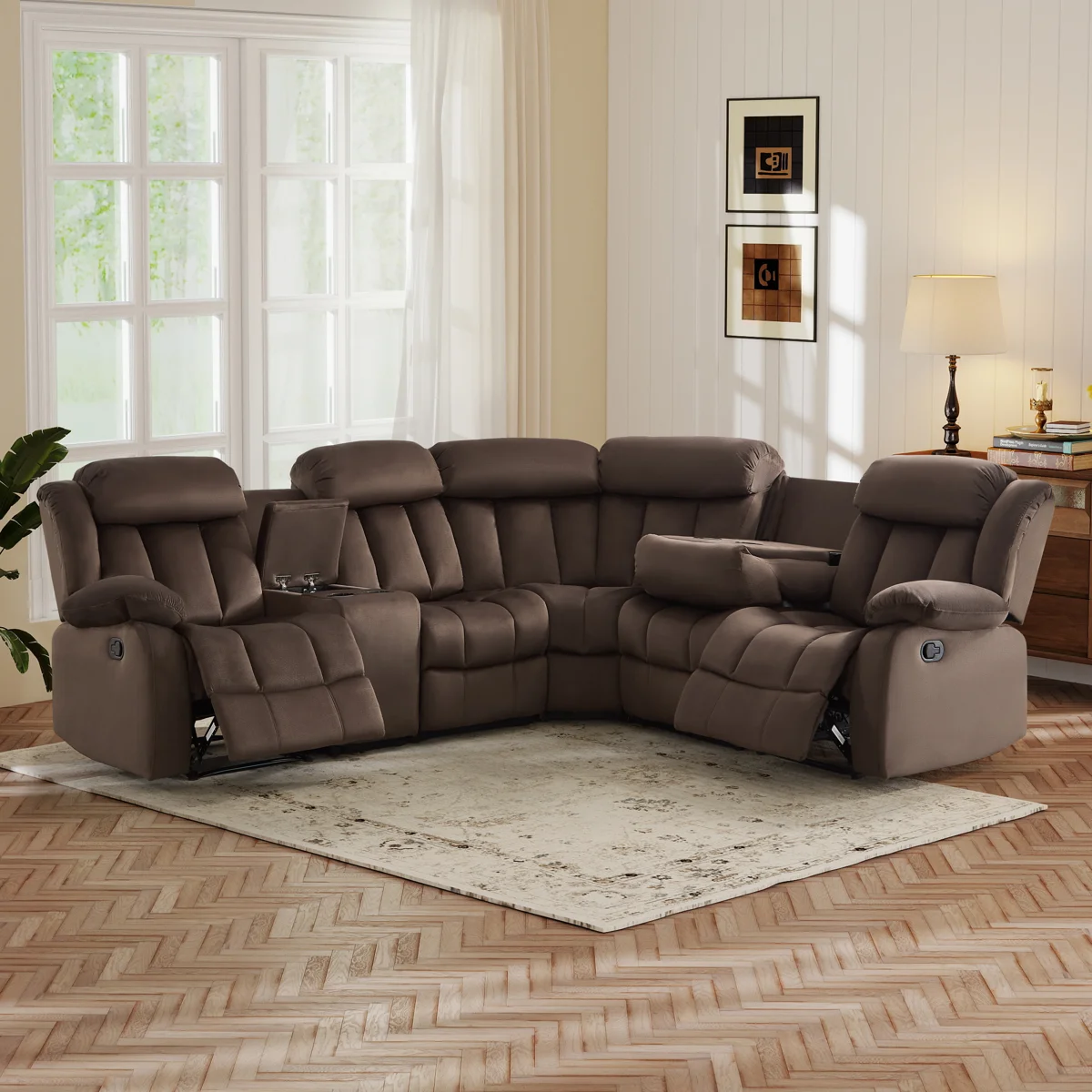 (Incomplete only 4/7 boxes found108.8''W 7-Piece Modern Microfiber Upholstered Soft Manual Reclining Sectional With Cupholders & Storage