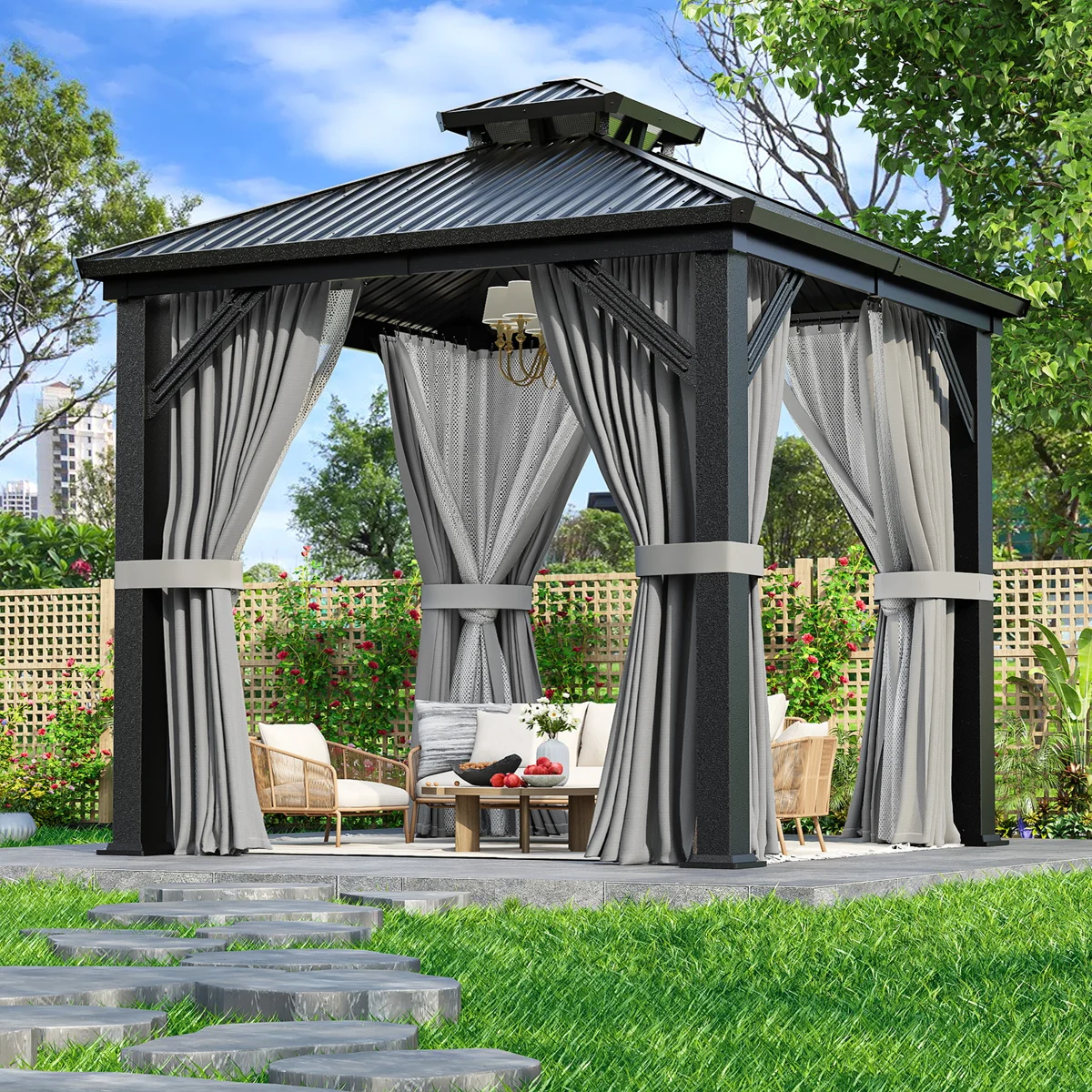 Inconplete Heavy-Duty Metal Gazebo with Double-Layer Galvanized Steel Roof, Reinforced Frame, Includes Ground Anchor Base, Mesh Sidewalls and Curtains