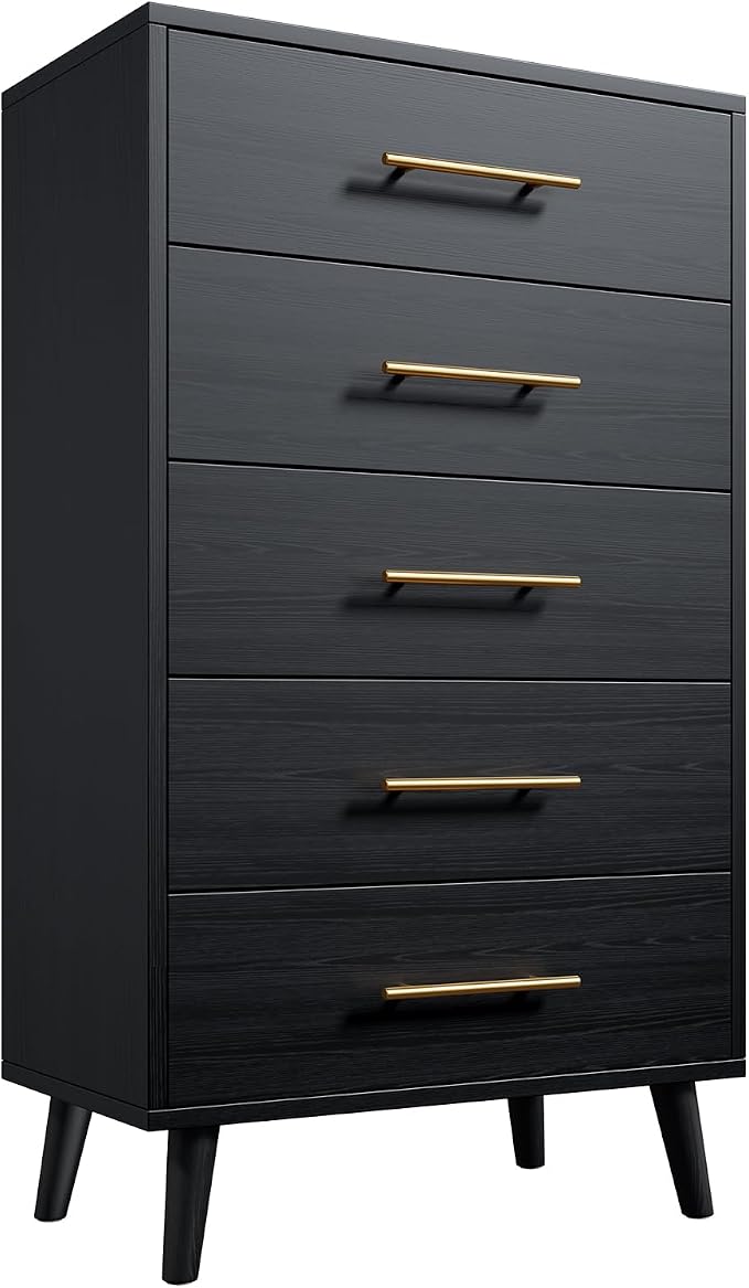 Jakyria 5-Drawer Tall Chest with Modern, Metallic Handles, Engineered Wood Construction, Anti-Tilt Design