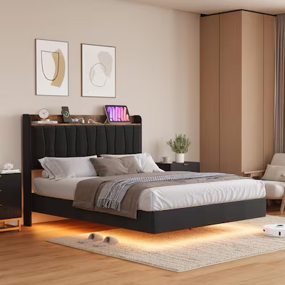 Garvee Floating Bed Frame King with LED Lights and USB Charging Station
