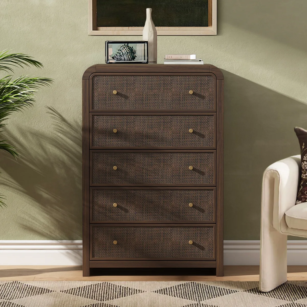 Cevat Rattan 5-Drawers Dresser,Thickened Curved Profile Design