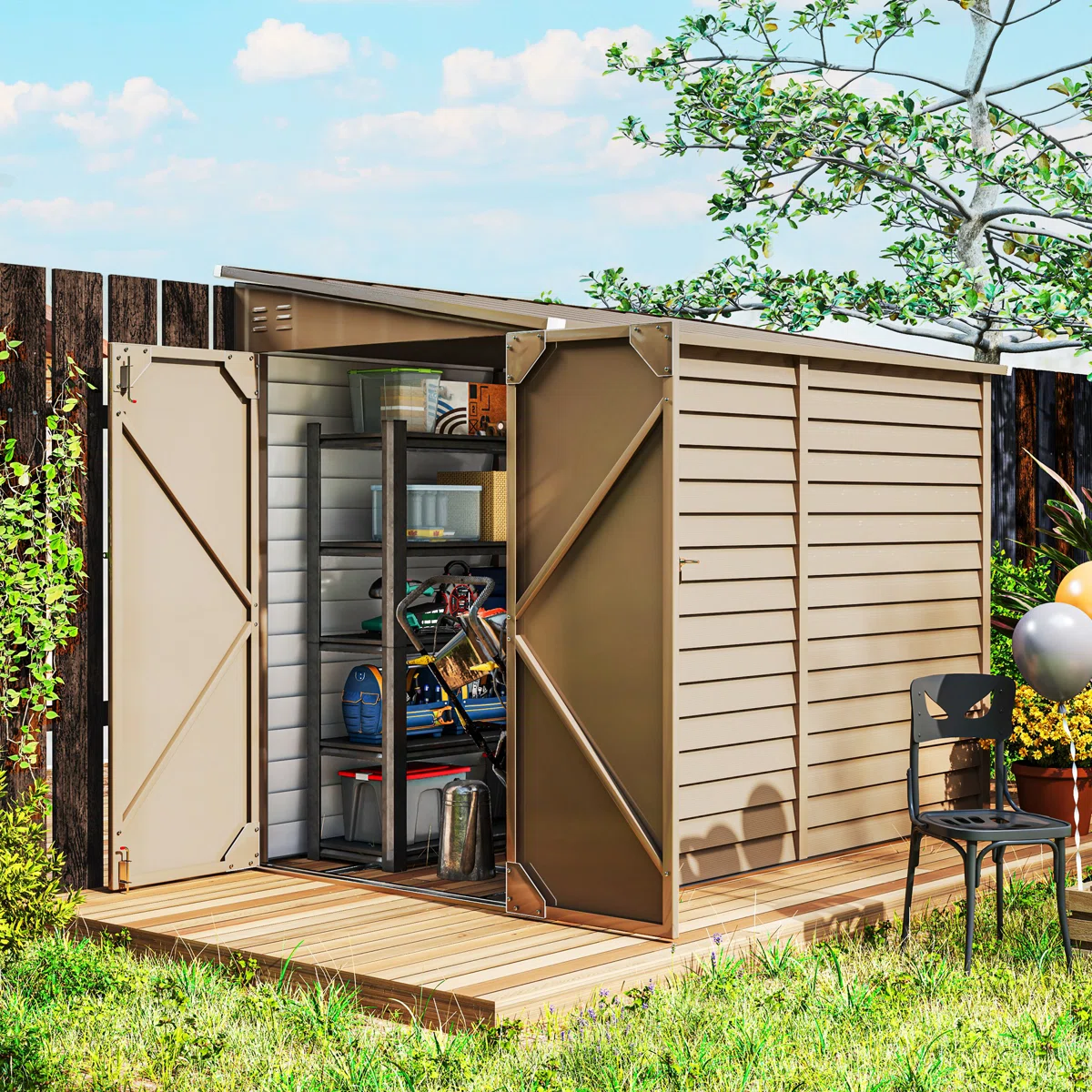 4.6' x 9' Steel Outdoor Storage Shed, Lean to Shed, Metal Tool House with Foundation Kit, Lockable Doors, Gloves and 2 Air Vents for Backyard, Patio, Lawn