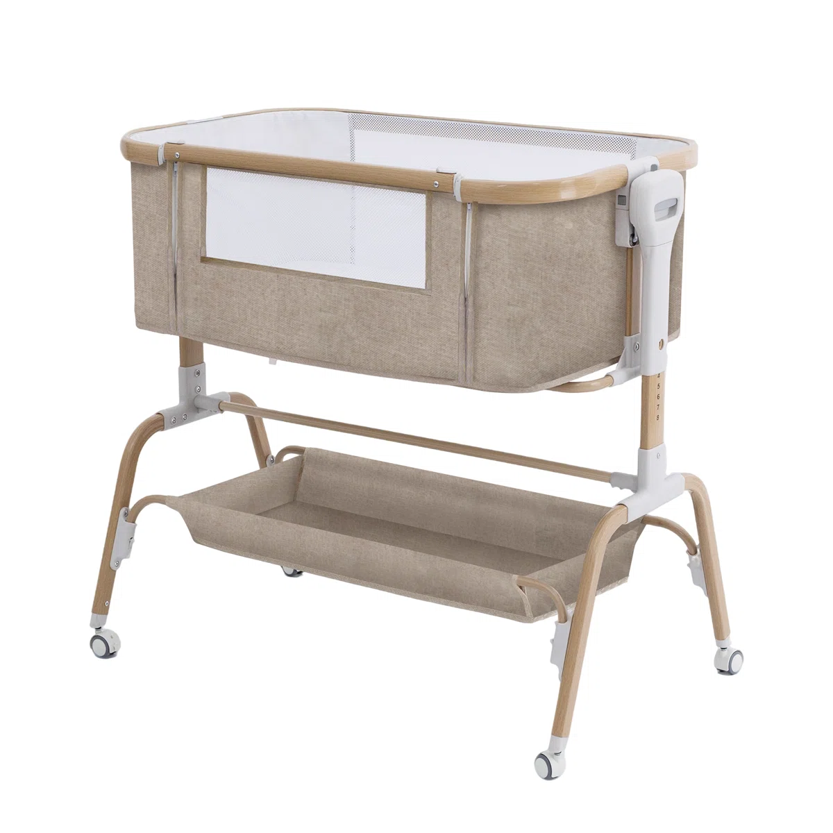 Bedside Sleeper Bassinet, Detachable Portable Baby Bassinet With Rocking Function, 8-level Height Adjustable Newborn Bed, Breathable Mesh, Storage Basket & Rotating Mobile Toy, Khaki